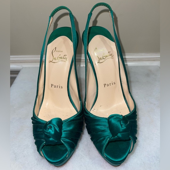 Satin Green Christian Louboutin Open Toe Knotted Platform Heels - Picture 3 of 7
